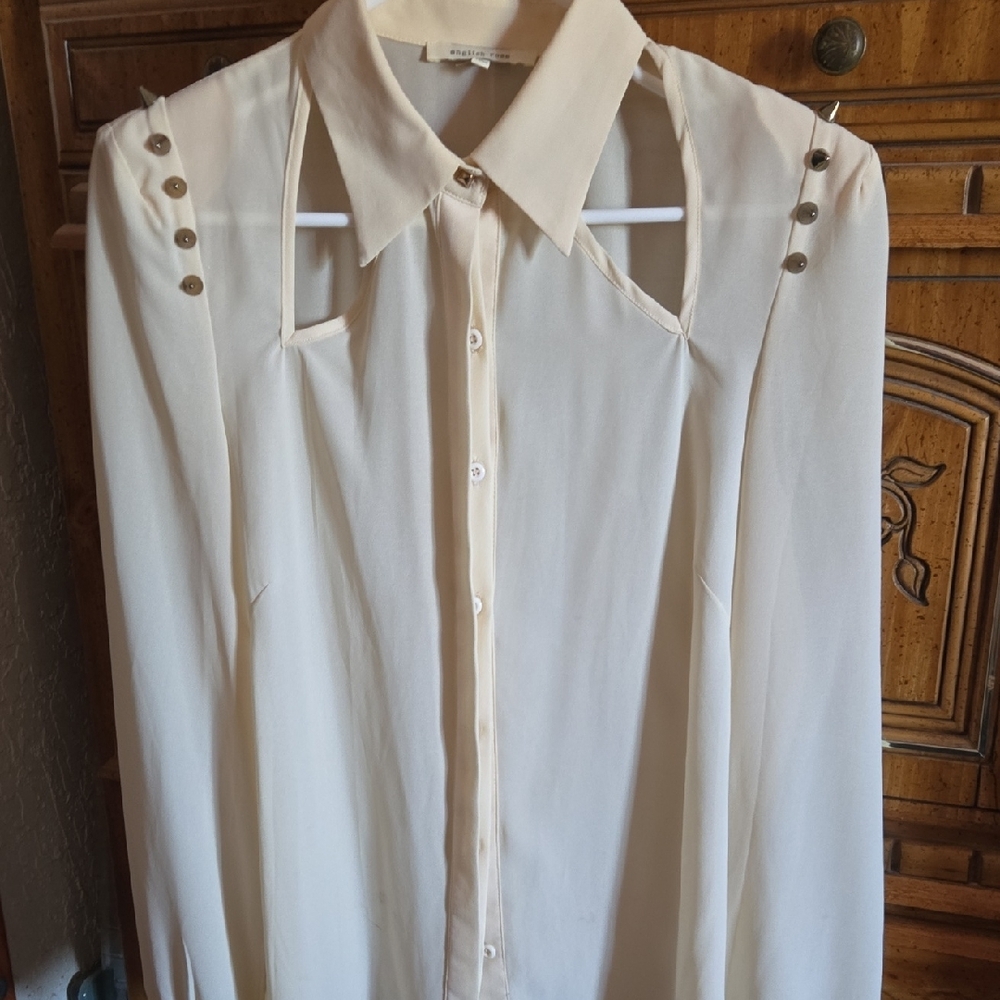 Cream Button Down Blouse with Cut Out Details